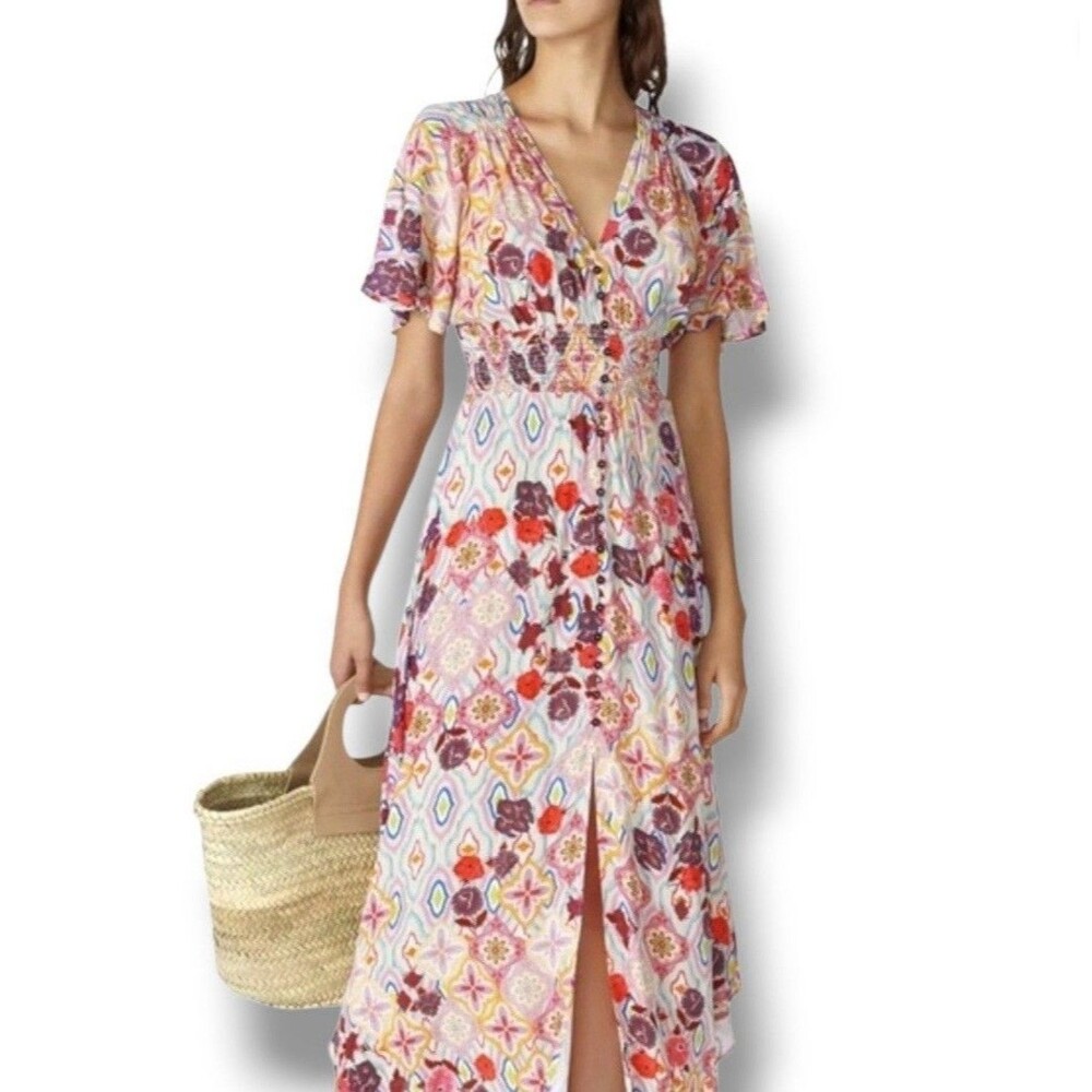PINKO Floral Geometric V-Neck Flutter Sleeve Midi Maxi Dress Size 4 NWOT $395